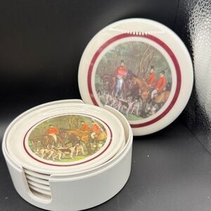 Vintage Equestrian/Hunting Themed Melamine Coasters Set of 5 in case with cover